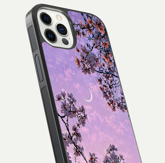 Purple Serenity Moon Glass Case for iPhone 12 Pro close-up angled shot showing reflection and gradient purple hues