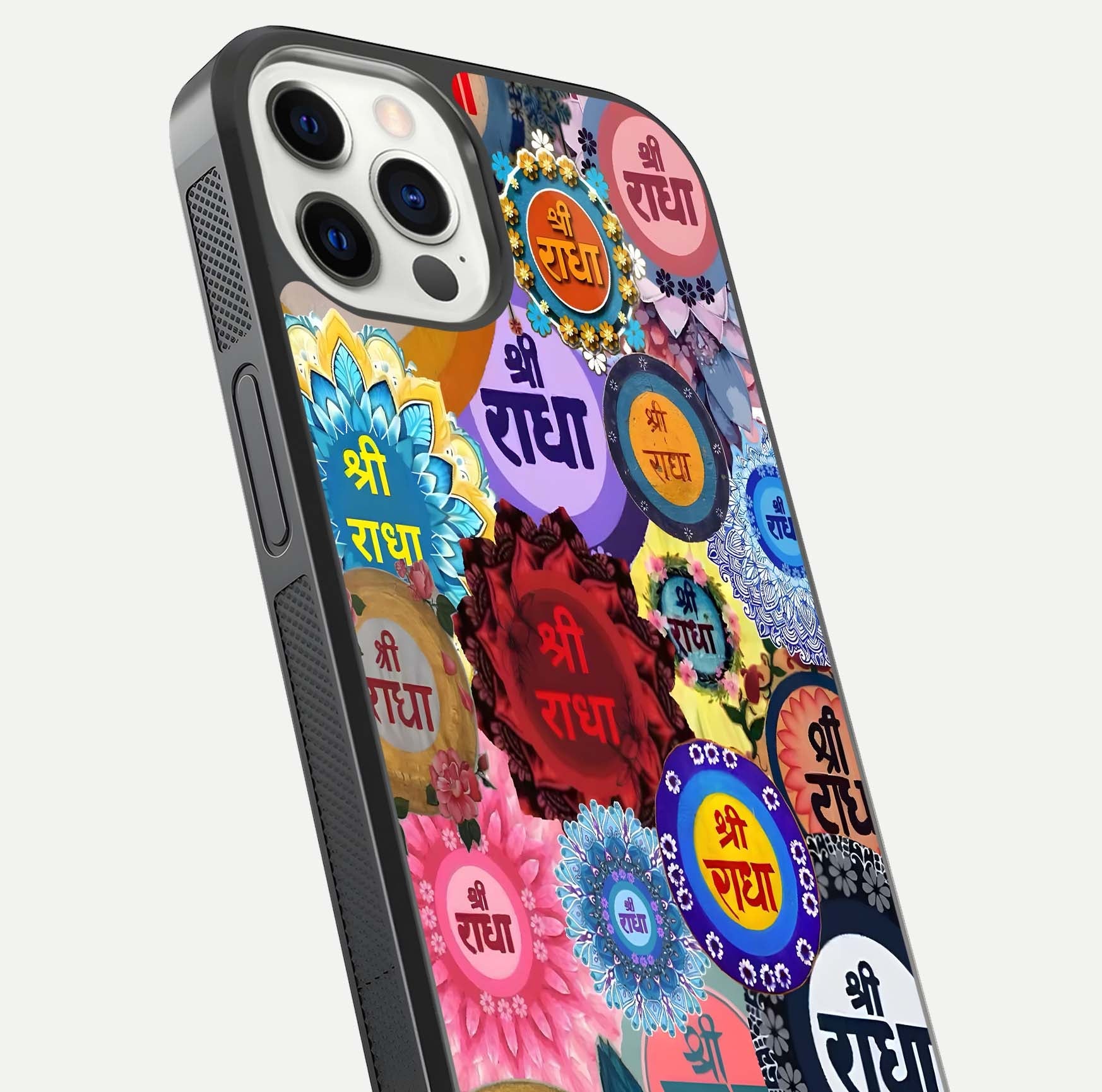 Radha Divine Bloom Glass Case for iPhone 12 Pro close-up angled shot highlighting divine detailing and shine