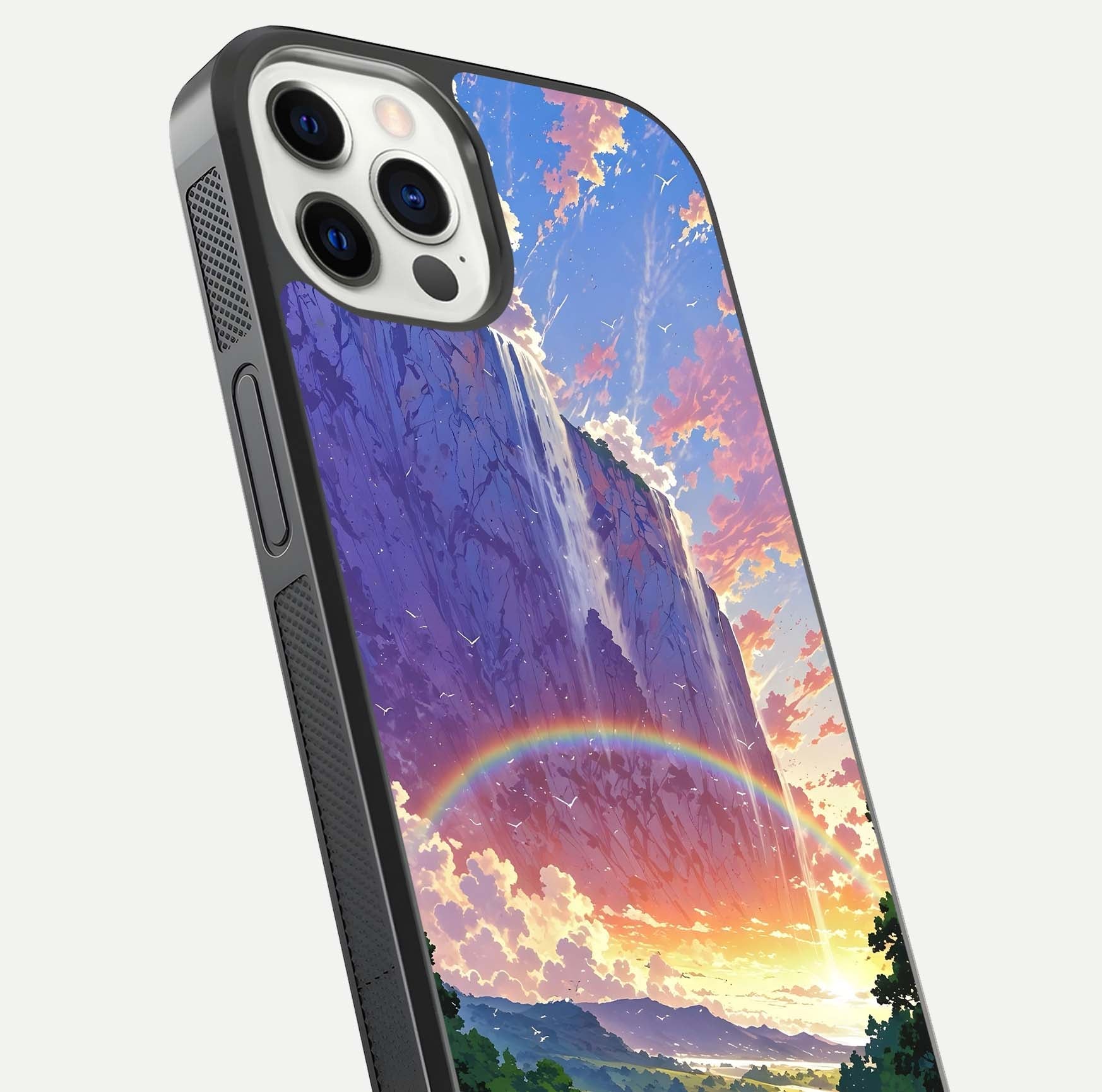 Rainbow Valley Dream Glass Case for iPhone 16 Pro close-up angled shot highlighting gradient tones and HD shine