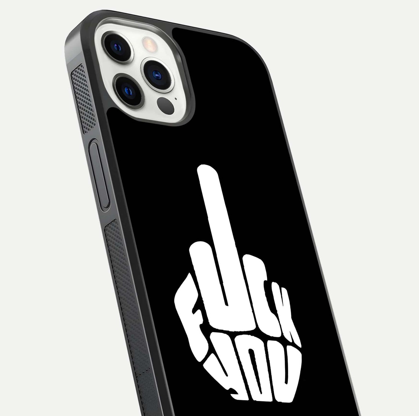 Rebel Mode On Glass Case for iPhone 12 Pro close-up angled shot highlighting reflective text and sharp design