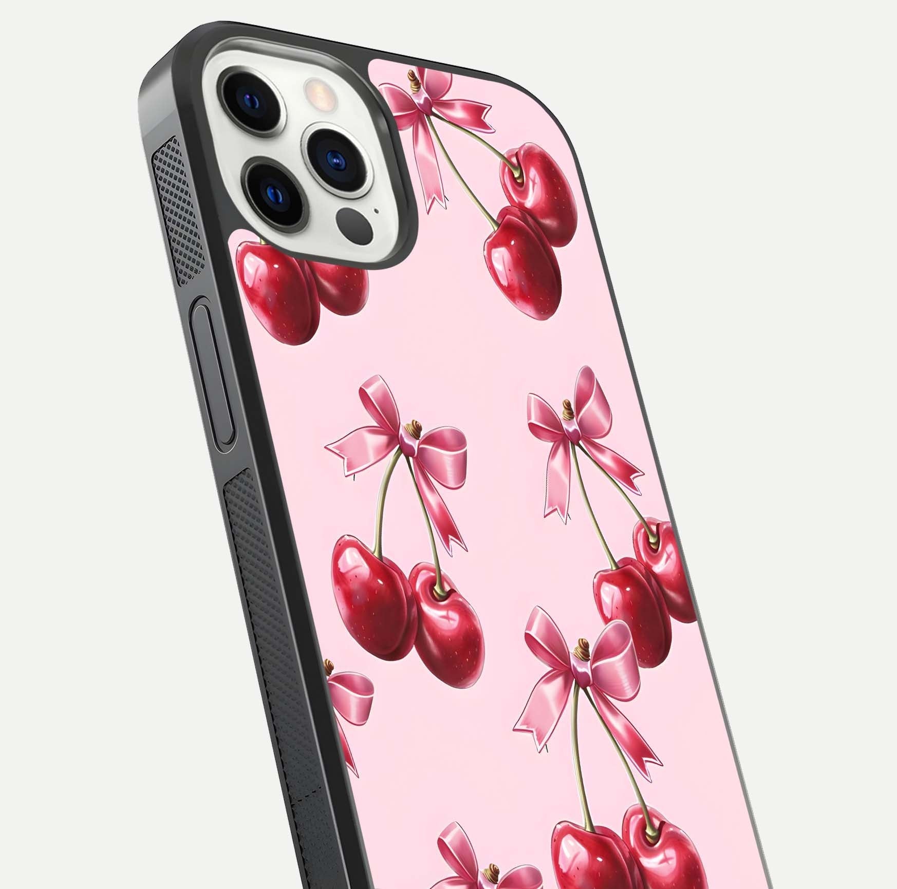Red Cherries Pattern Glass Case for iPhone 12 Pro close-up angled shot showing cherry details and HD reflection