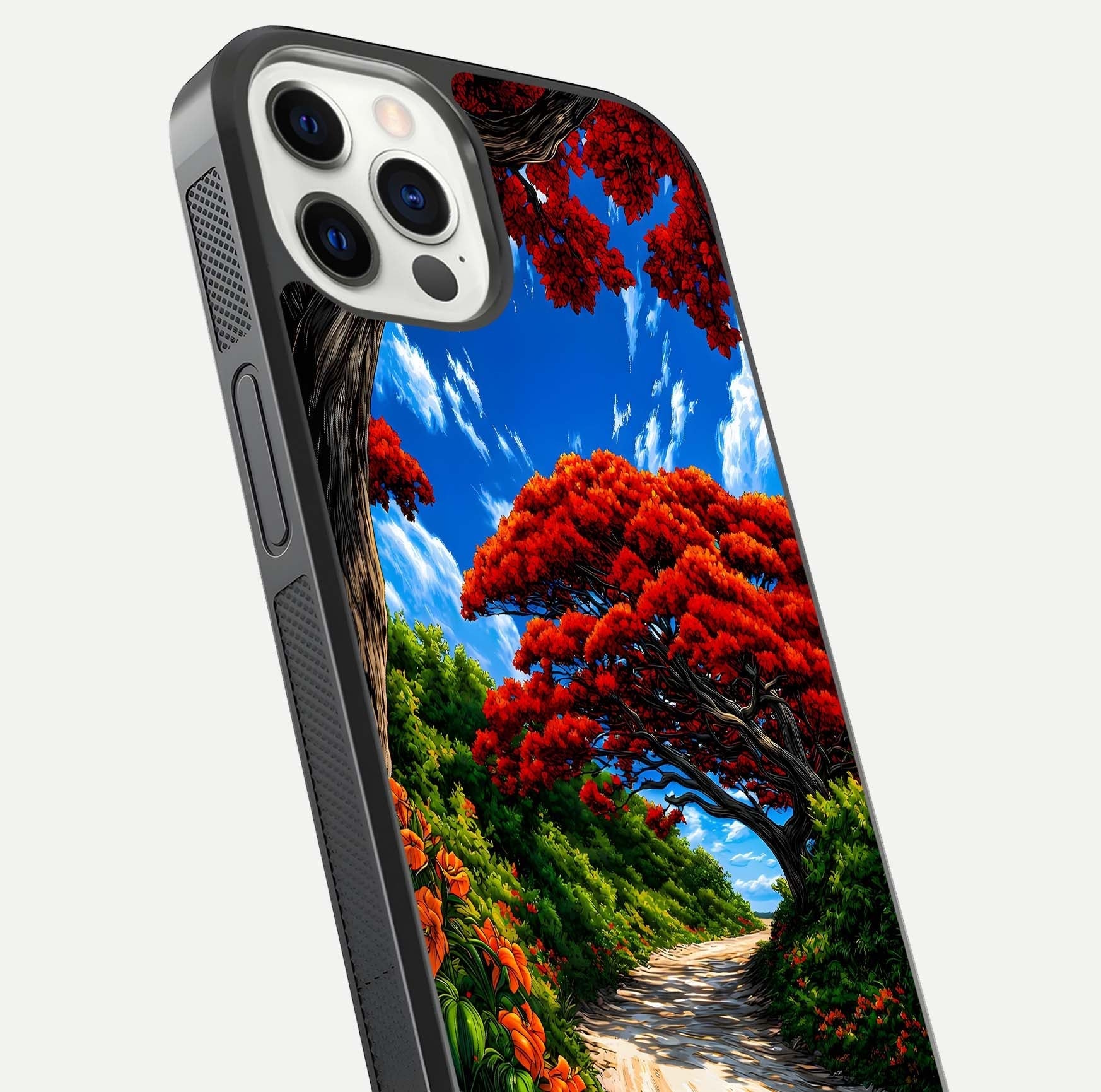 Red Trees Pathway Glass Case for iPhone 12 Pro close-up angled shot highlighting forest detail and reflection