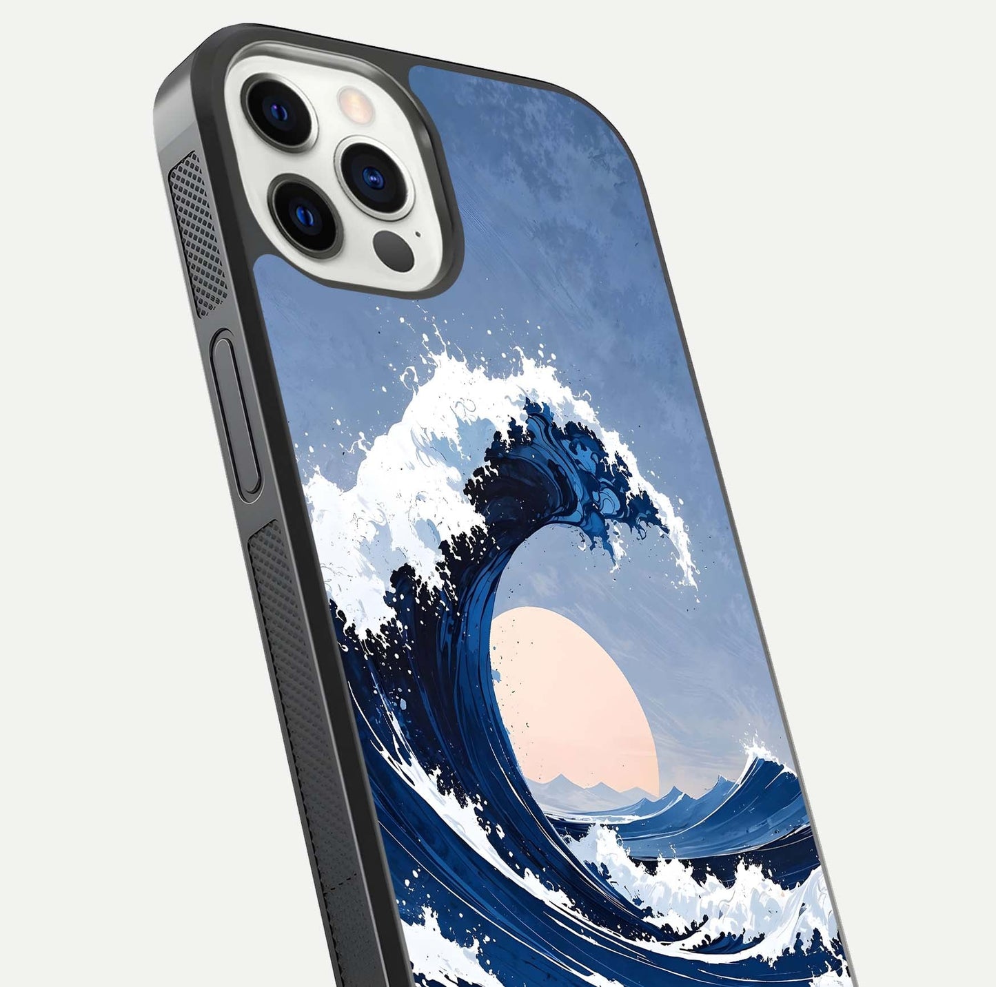 Rising Tide Power Glass Case for iPhone 12 Pro close-up angled shot highlighting water motion and reflection