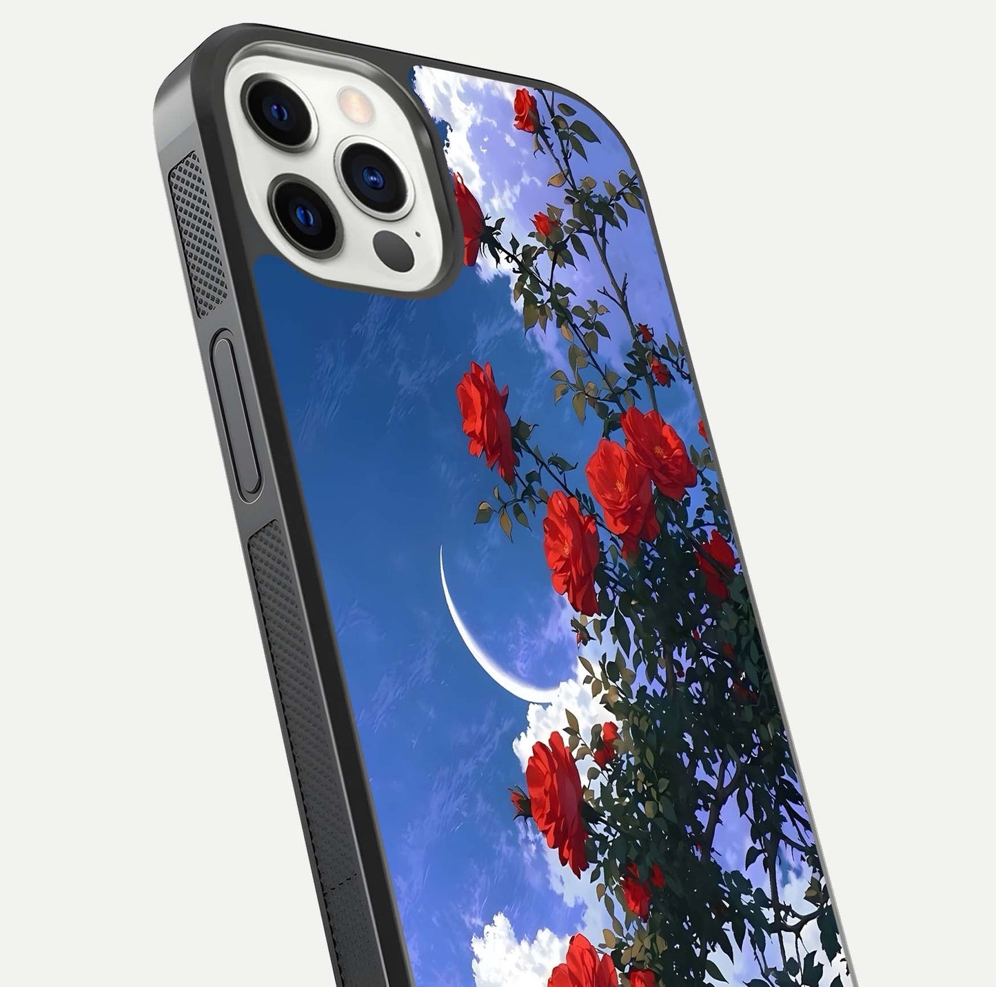 Rose Drift Flowers Glass Case for iPhone 12 Pro close-up angled shot highlighting floral texture and reflection