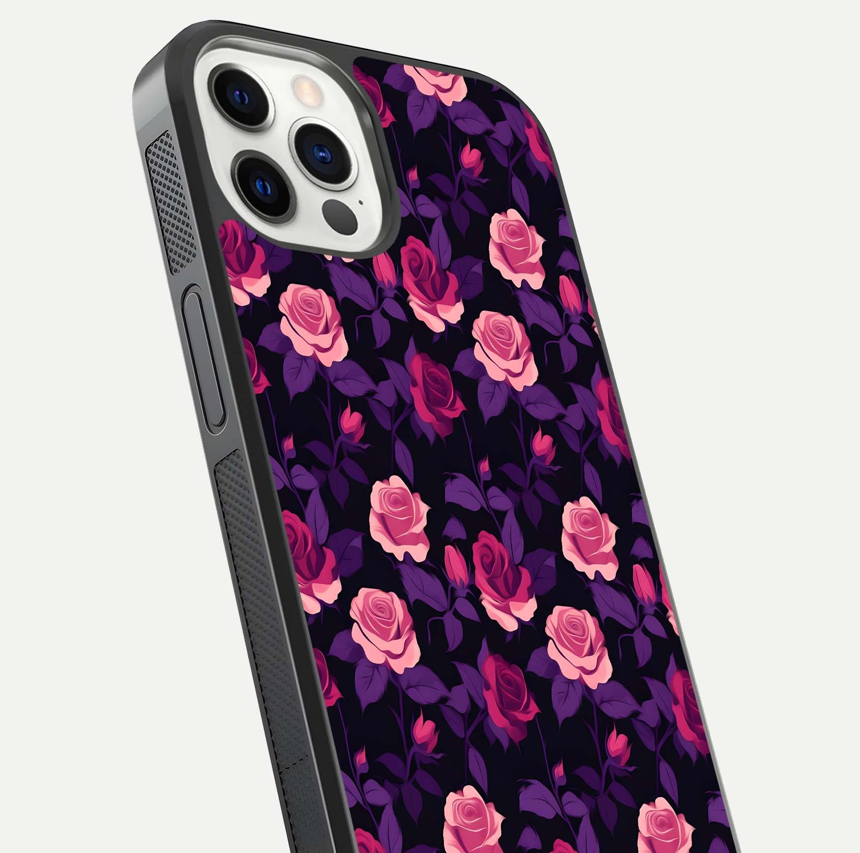 Rose Garden Twilight Glass Case for iPhone 12 Pro close-up angled shot highlighting rose contrast and reflection