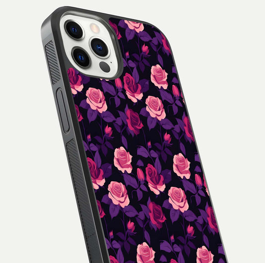 Rose Garden Twilight Glass Case for iPhone 12 Pro close-up angled shot highlighting rose contrast and reflection