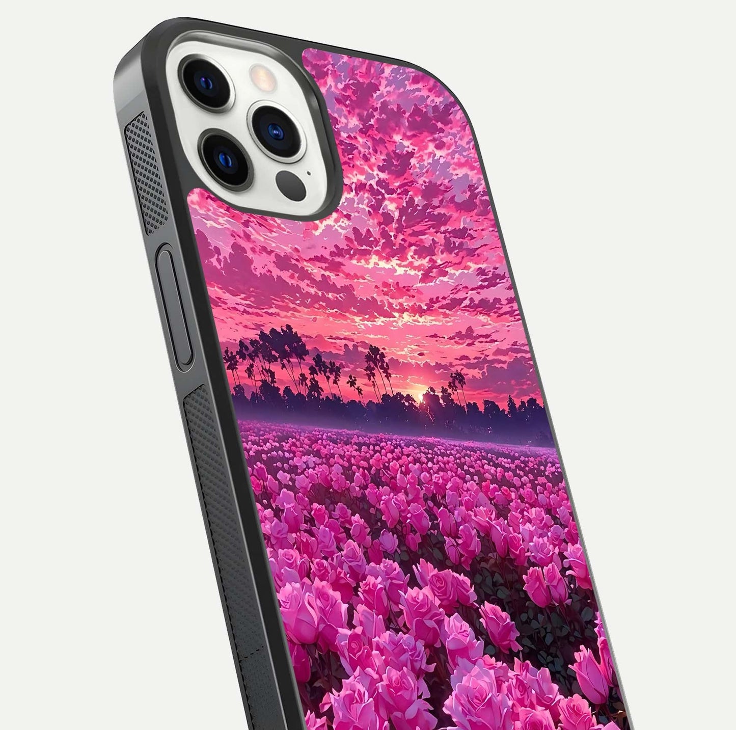 Rose Sunset Valley Glass Case for iPhone 12 Pro close-up angled shot showing rose detailing and golden hues