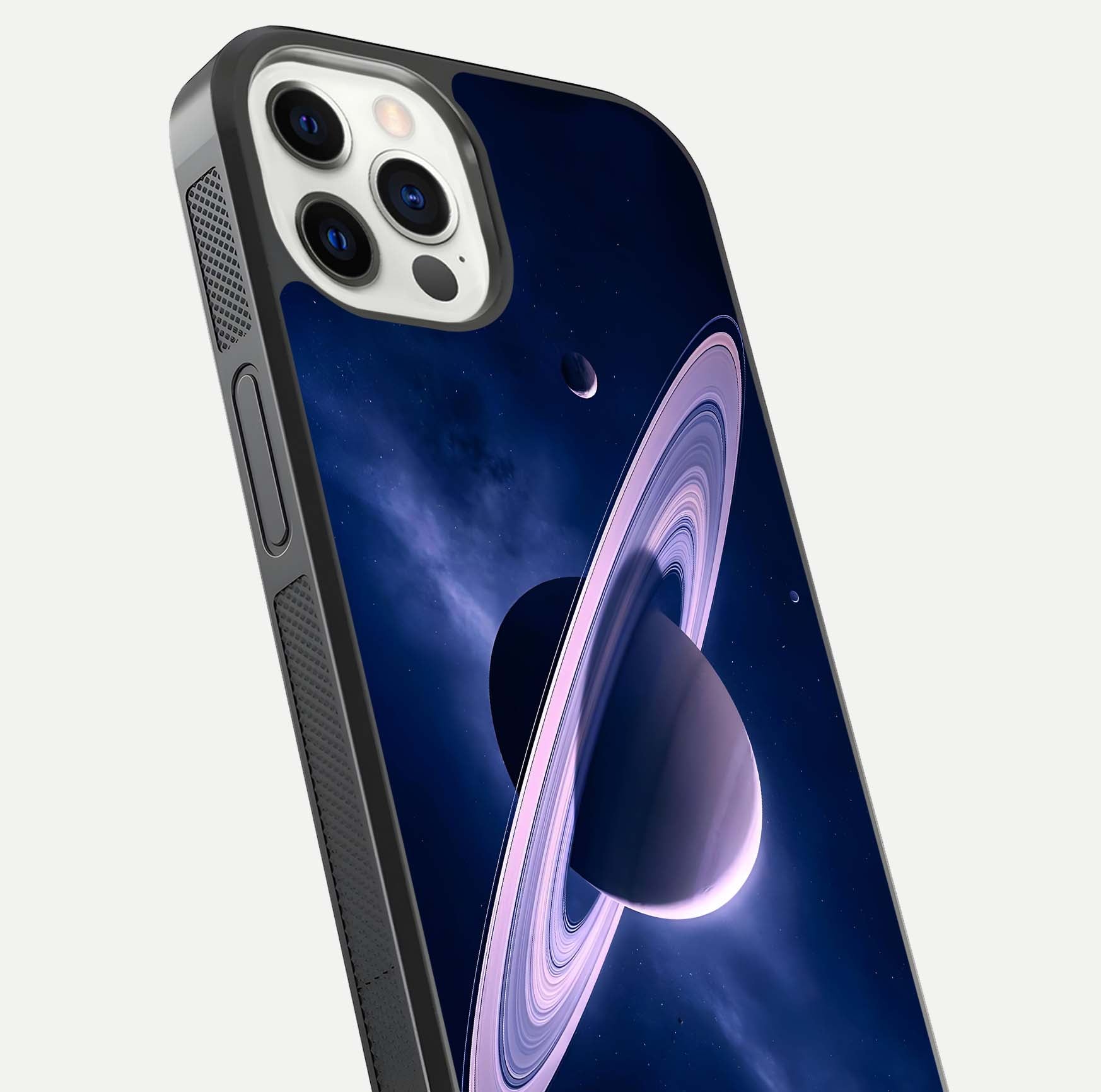 Saturn Ring Mystique Glass Case for iPhone 12 Pro close-up angled shot highlighting ring detail and HD reflection