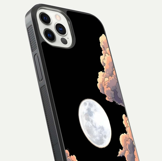 Shade Cloud Moon Glass Case for iPhone 12 Pro close-up angled shot highlighting moon reflection and depth