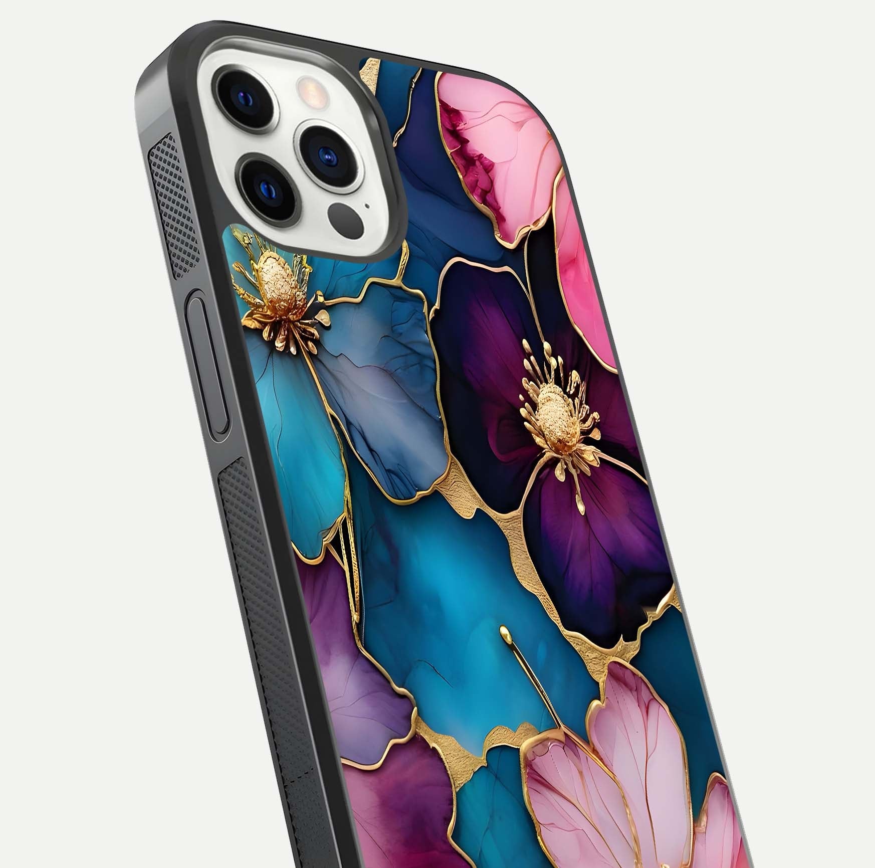 Sparkle Floral Glass Case for iPhone 12 Pro close-up angled shot highlighting shimmer details and reflection