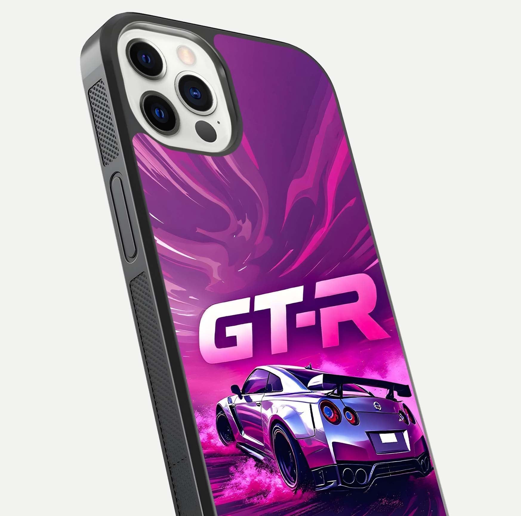Speed Drift Legend Glass Case for iPhone 12 Pro close-up angled shot highlighting speed lines and reflection