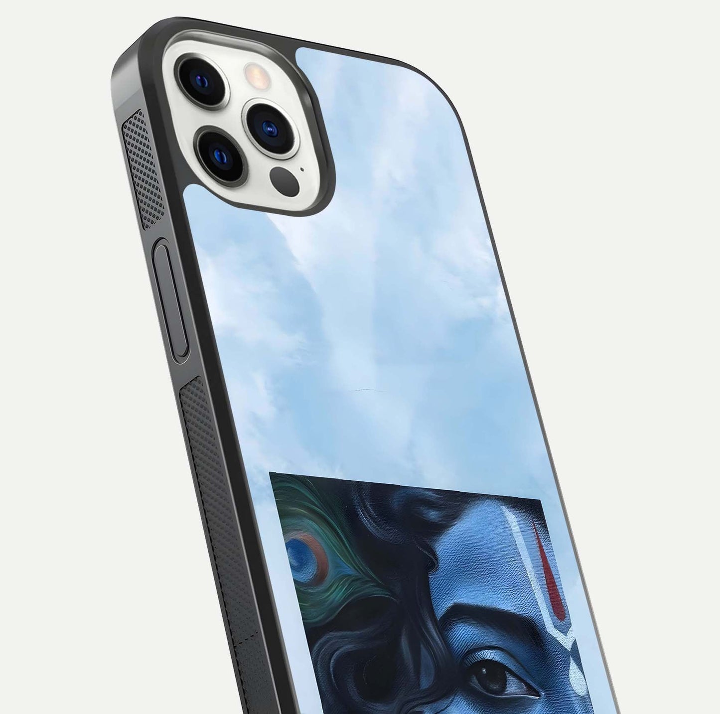 Spiritual Krishna Glass Case for iPhone 16 Pro close-up angled shot showing HD print, color tone, and reflection