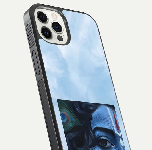 Spiritual Krishna Glass Case for iPhone 16 Pro close-up angled shot showing HD print, color tone, and reflection