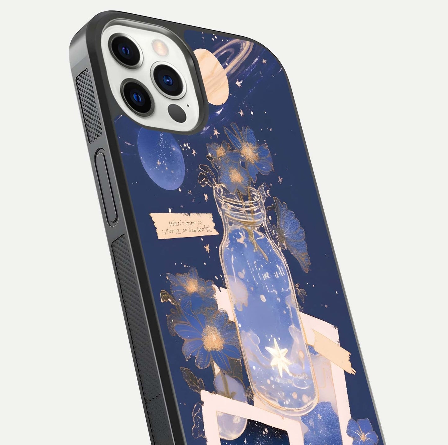 Starlit Cosmic Jar Glass Case for iPhone 12 Pro close-up angled shot highlighting stars, reflections, and HD shine