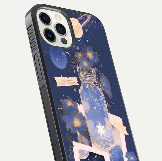 Starlit Cosmic Jar Glass Case for iPhone 12 Pro close-up angled shot highlighting stars, reflections, and HD shine