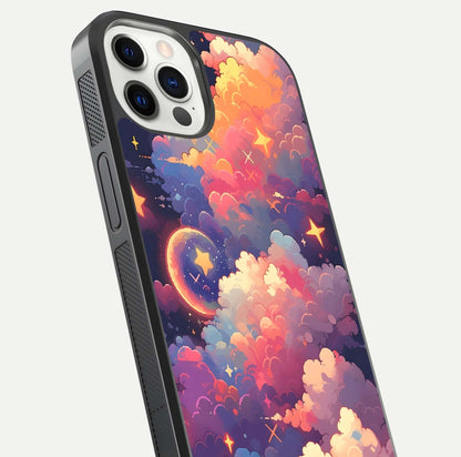 Starlit Dream Clouds Glass Case for iPhone 12 Pro close-up angled shot highlighting cloud texture and reflection