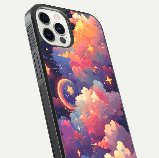 Starlit Dream Clouds Glass Case for iPhone 12 Pro close-up angled shot highlighting cloud texture and reflection