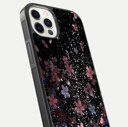 Starlit Flower Dreams Glass Case for iPhone 12 Pro close-up angled shot highlighting petal reflection and HD depth