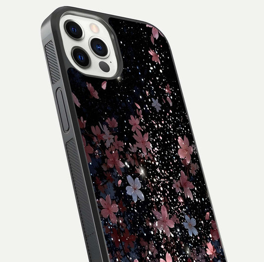Starlit Flower Dreams Glass Case for iPhone 12 Pro close-up angled shot highlighting petal reflection and HD depth