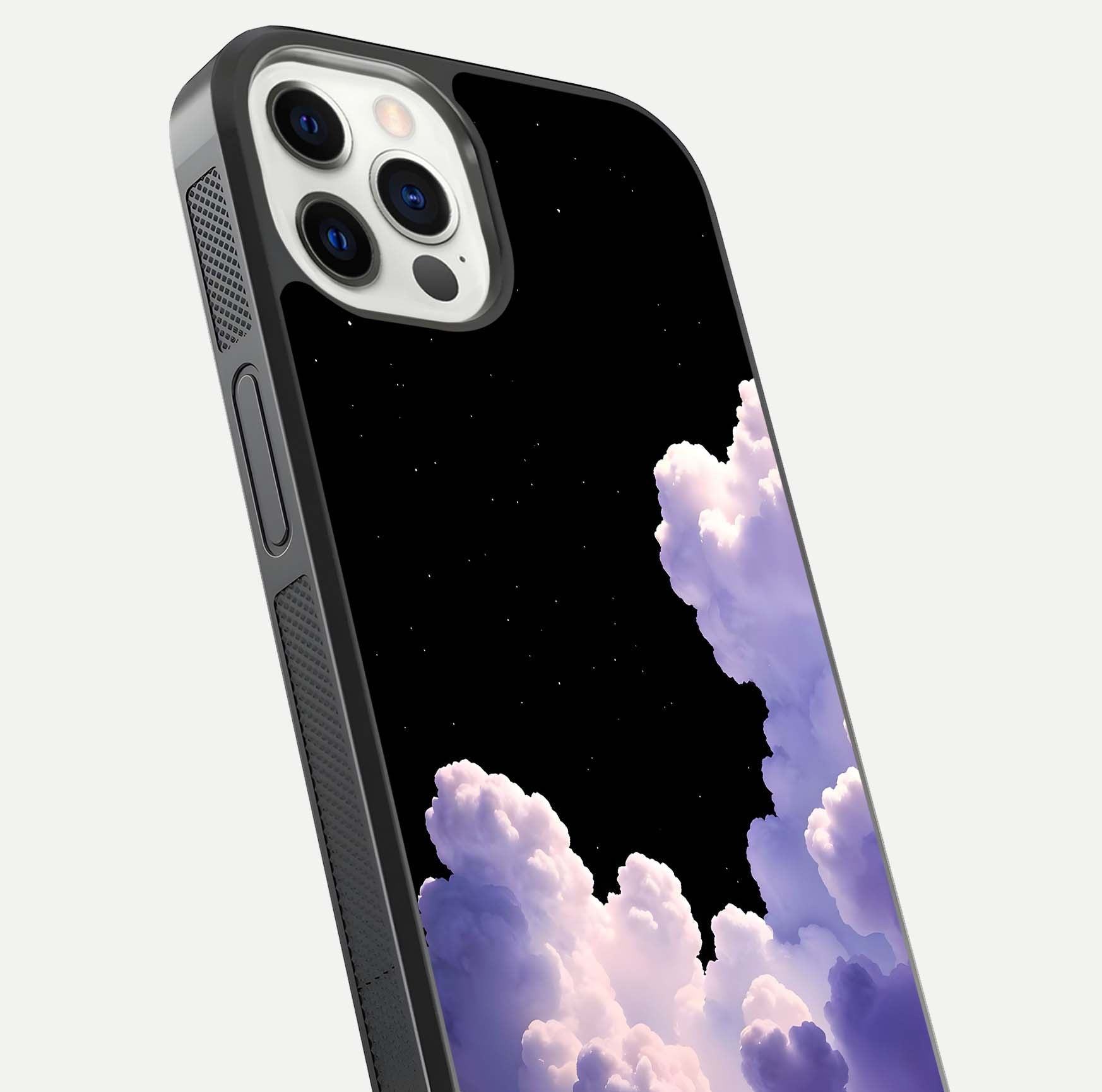 Starlit Night Whispers Glass Case for iPhone 12 Pro close-up angled shot highlighting stars and reflection