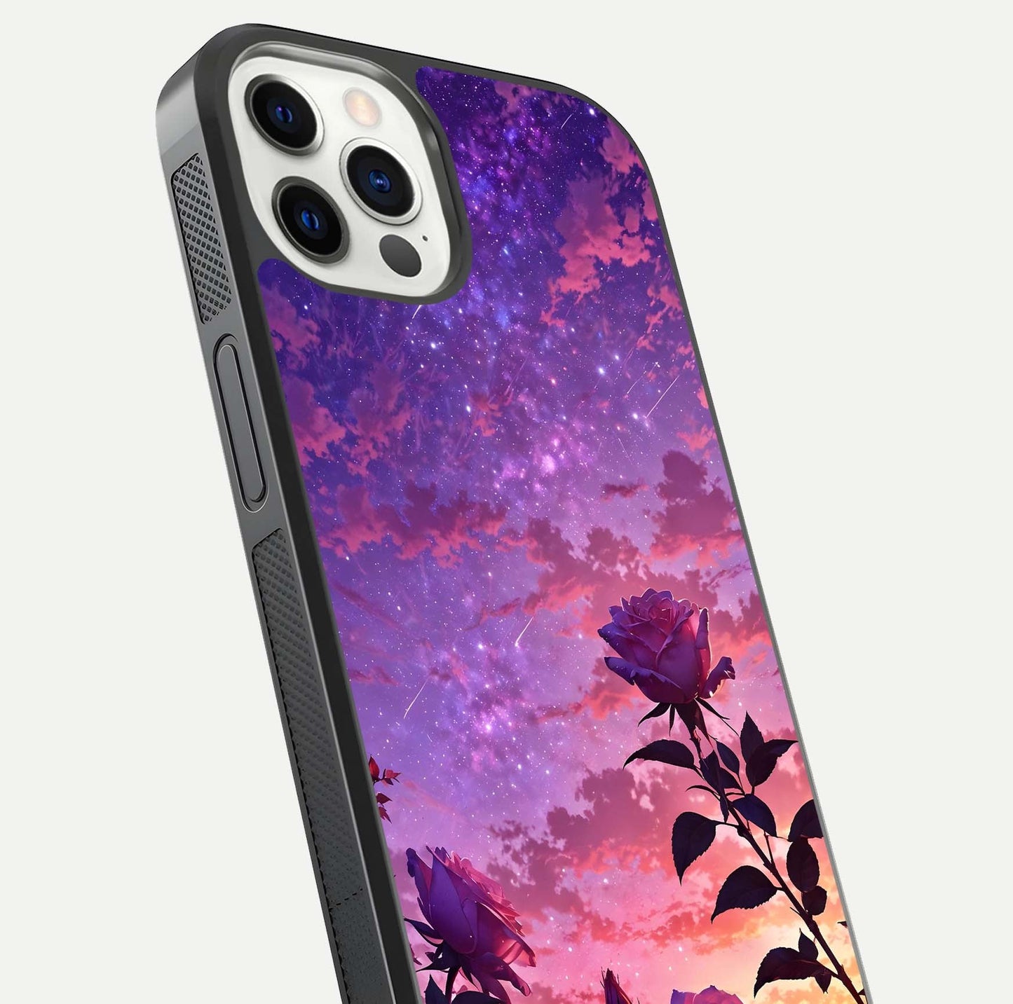 Starlit Rose Twilight Glass Case for iPhone 12 Pro close-up angled shot highlighting rose detail and reflection
