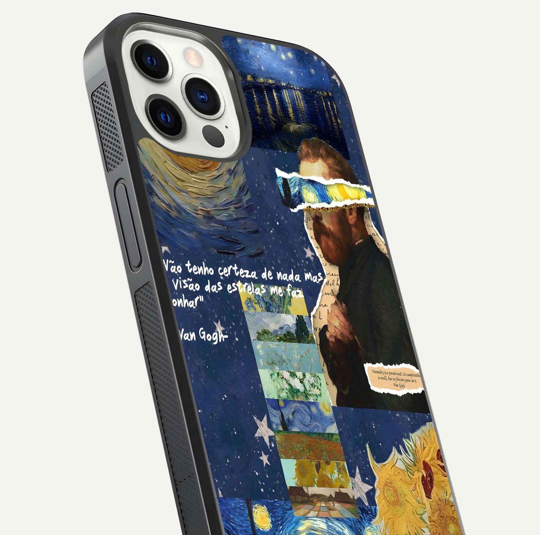 Starry Dream Vision Glass Case for iPhone 12 Pro close-up angled shot highlighting cosmic light and reflection