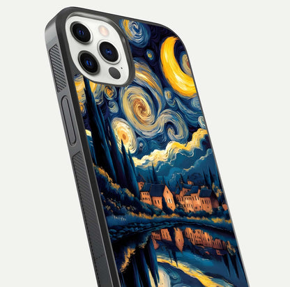 Starry Sky Serenity Glass Case for iPhone 12 Pro close-up angled shot highlighting light reflection and blue hues