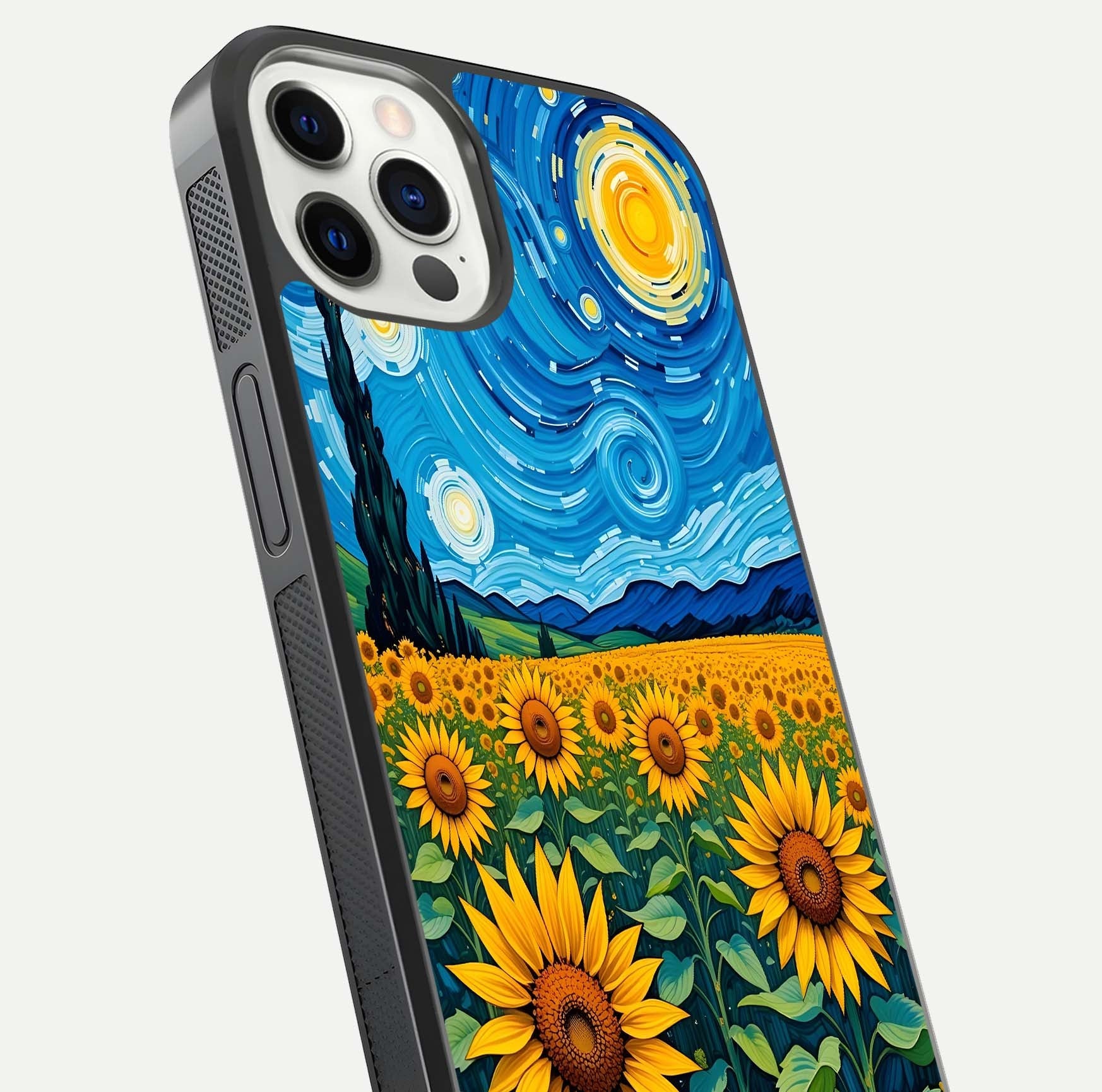 Starry Sunflower Dreams Glass Case for iPhone 12 Pro close-up angled shot highlighting petal texture and gloss
