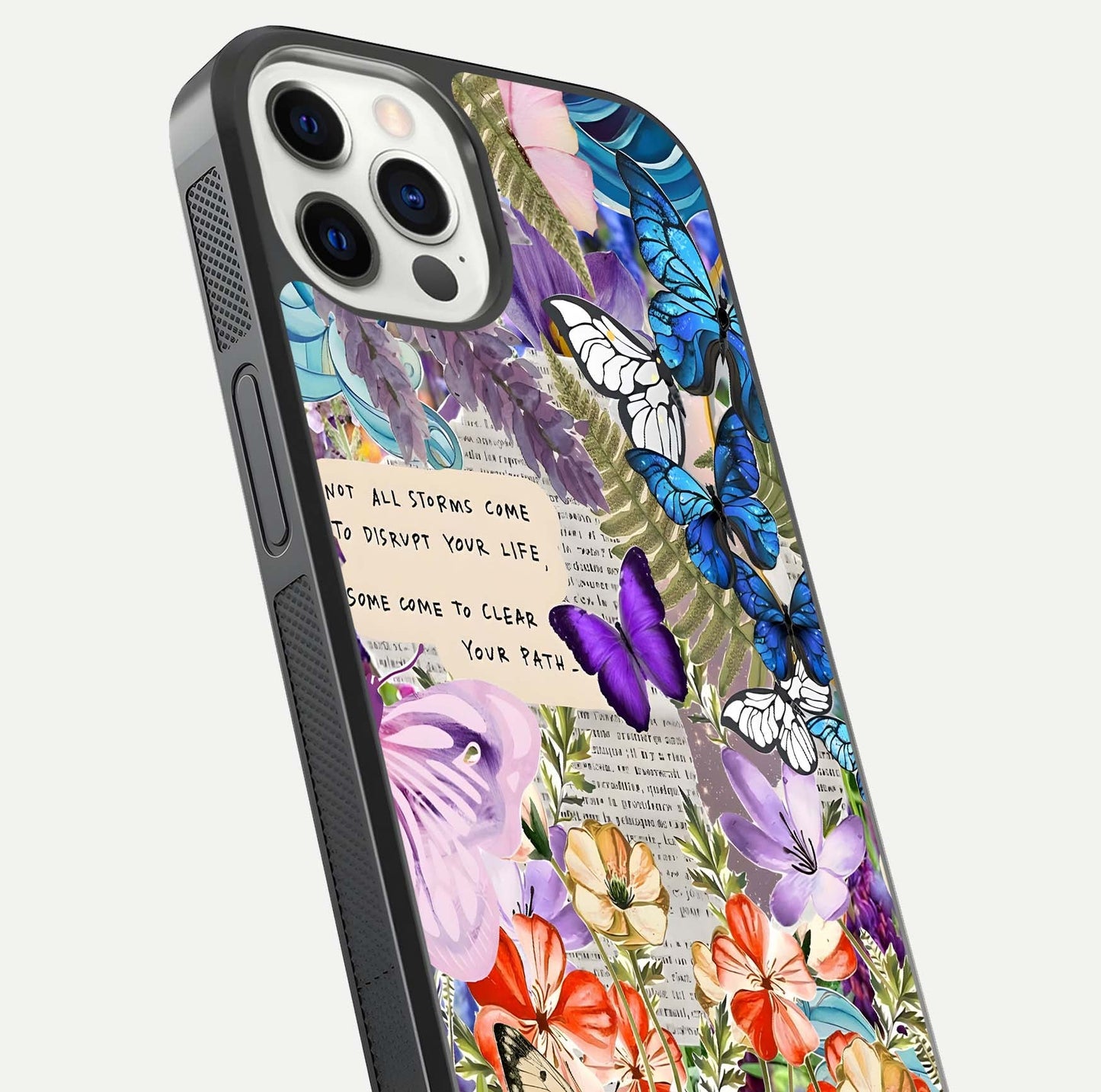 Storm Path Bloom Glass Case for iPhone 12 Pro close-up angled shot highlighting bloom texture and reflection