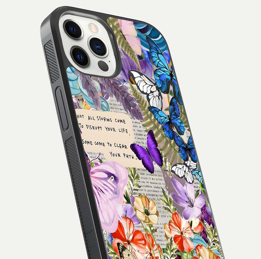 Storm Path Bloom Glass Case for iPhone 12 Pro close-up angled shot highlighting bloom texture and reflection