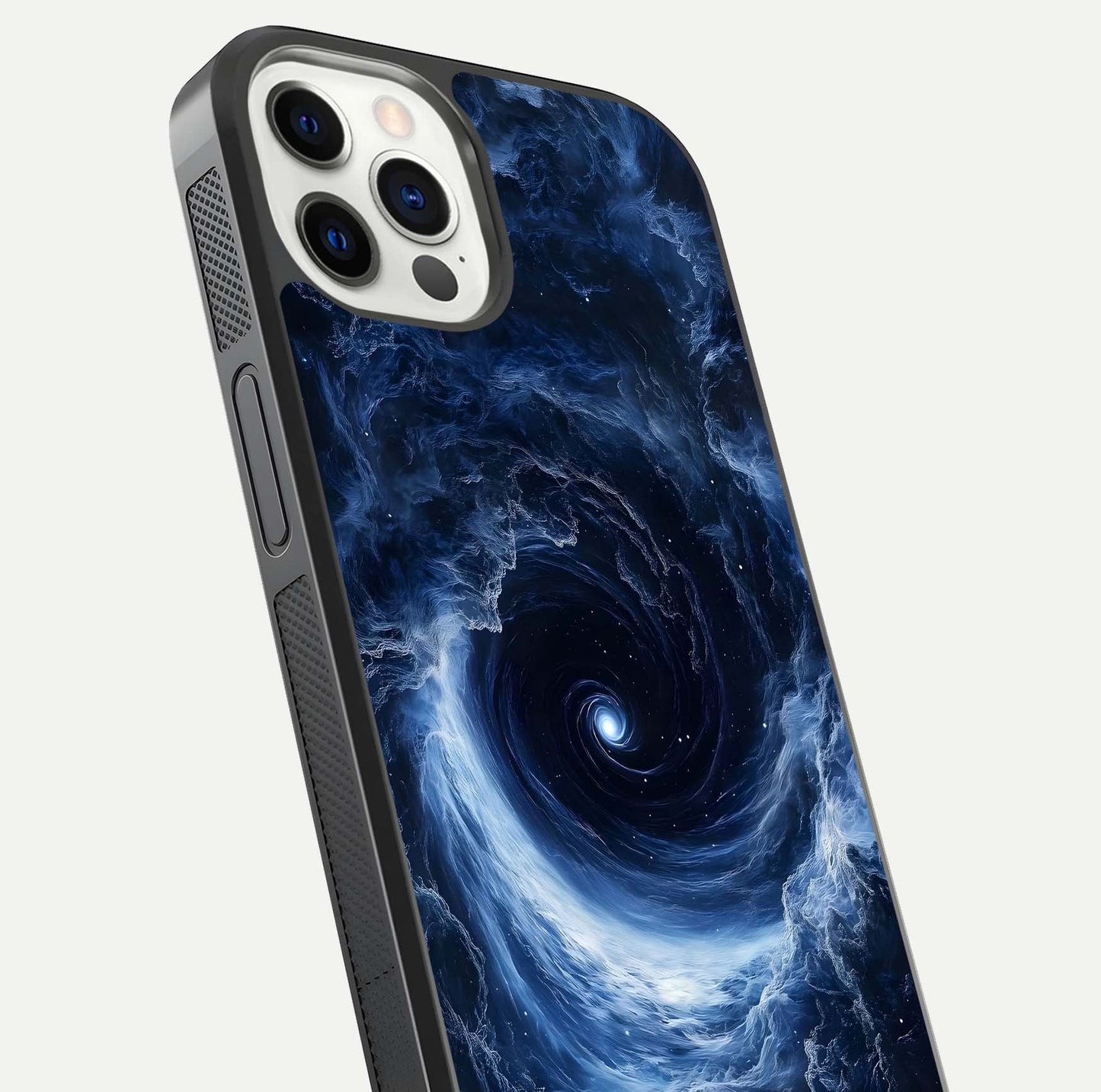 Stunning Galaxy Glass Case for iPhone 12 Pro close-up angled shot highlighting nebula tones and HD reflection