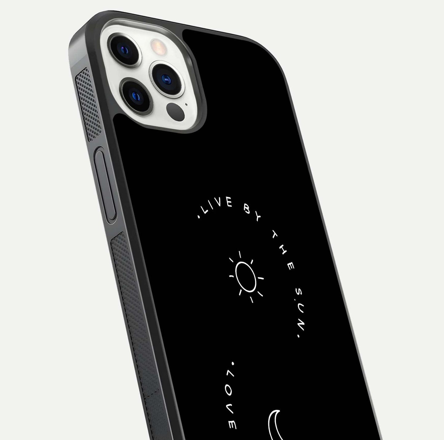 Sun Moon Balance Glass Case for iPhone 12 Pro close-up angled shot highlighting cosmic art and HD reflection