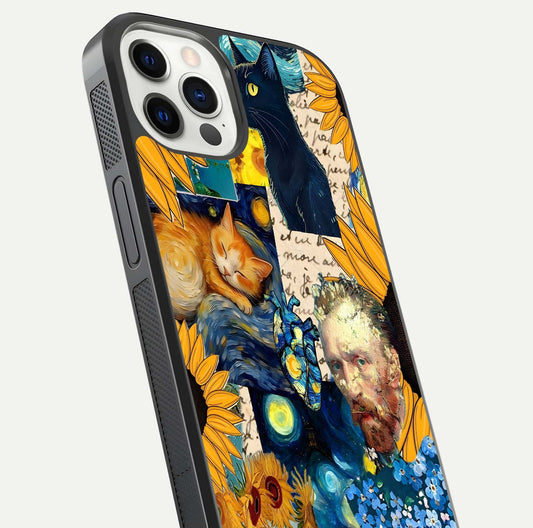 Sunflower Cat Art Glass Case for iPhone 12 Pro close-up angled shot highlighting yellow tones and art reflection