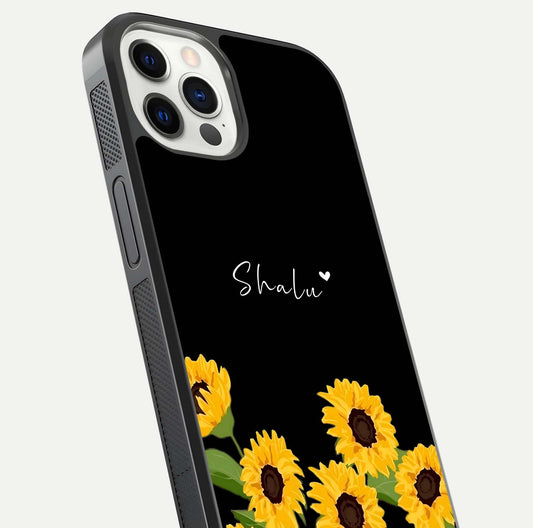 Sunflower Chic Mood Custom Name Glass Case for iPhone 16 Pro close-up angled shot showing HD sunflower pattern