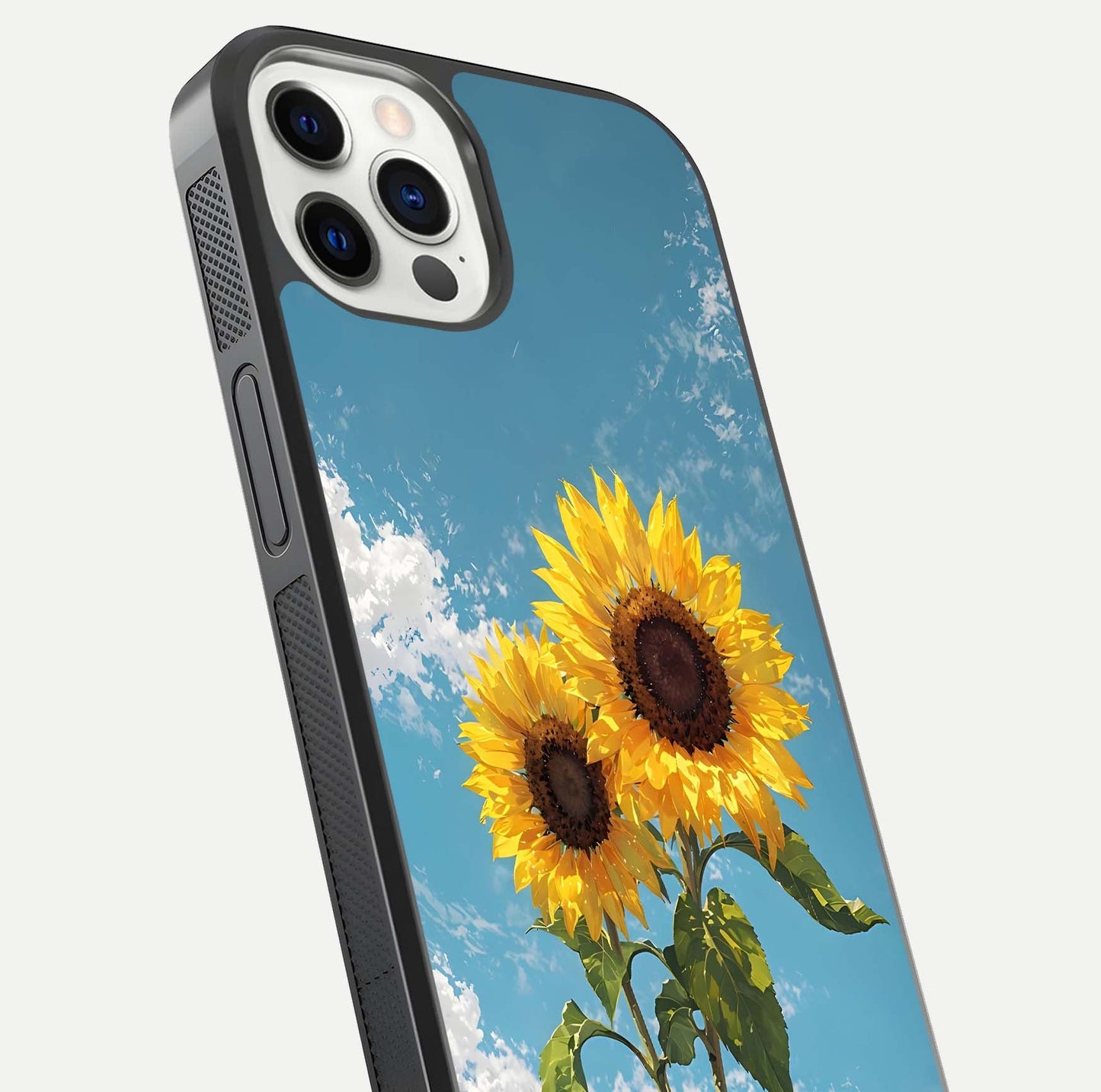 Sunflower Sky Bloom Glass Case for iPhone 12 Pro close-up angled shot highlighting petal details and reflection