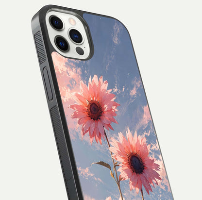 Sunlit Daisy Glow Glass Case for iPhone 12 Pro close-up angled shot highlighting petal texture and reflection