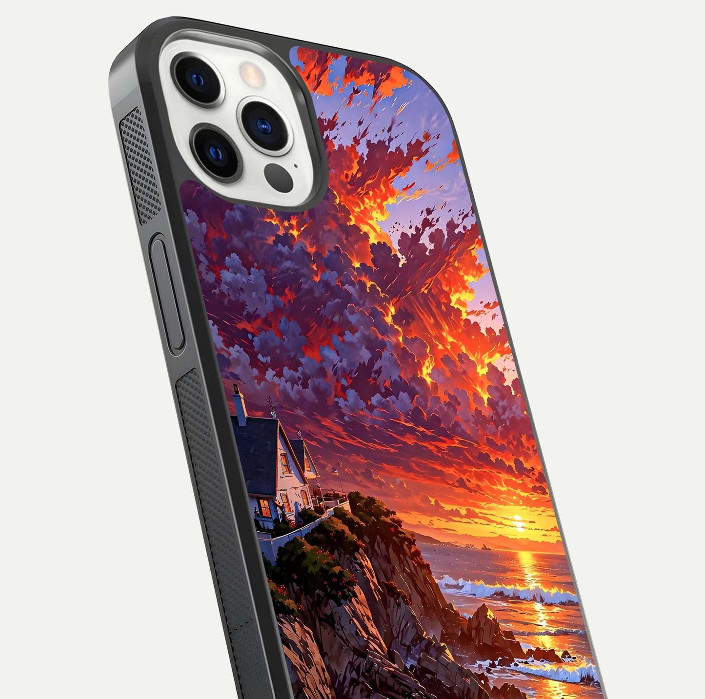 Sunset House by Sea Glass Case for iPhone 12 Pro close-up angled shot highlighting sunset tones and water glow