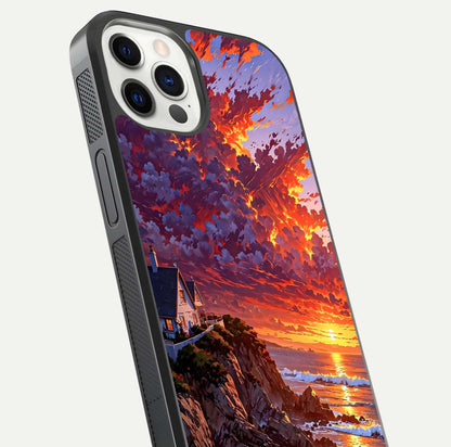 Sunset House by Sea Glass Case for iPhone 12 Pro close-up angled shot highlighting sunset tones and water glow