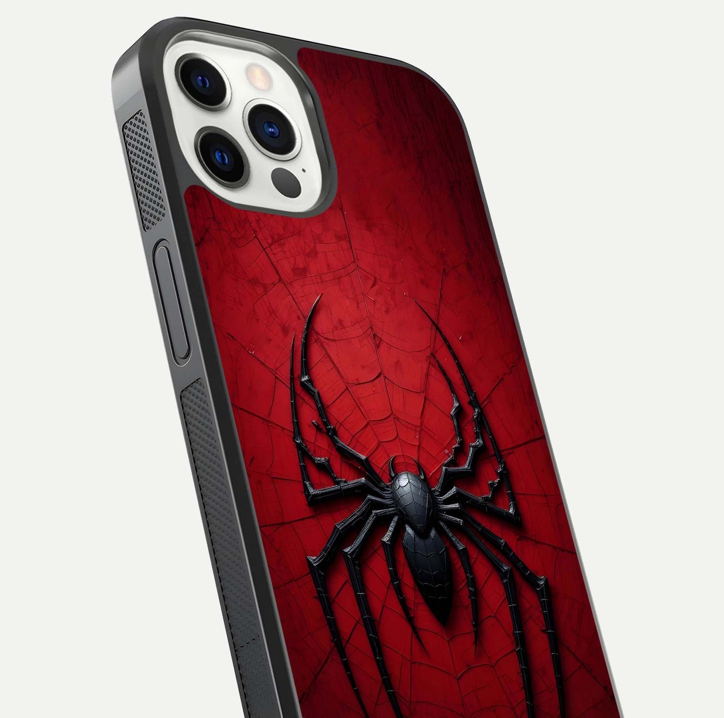 Venom Web Emblem Glass Case for iPhone 12 Pro close-up angled shot highlighting sharp logo lines and reflection