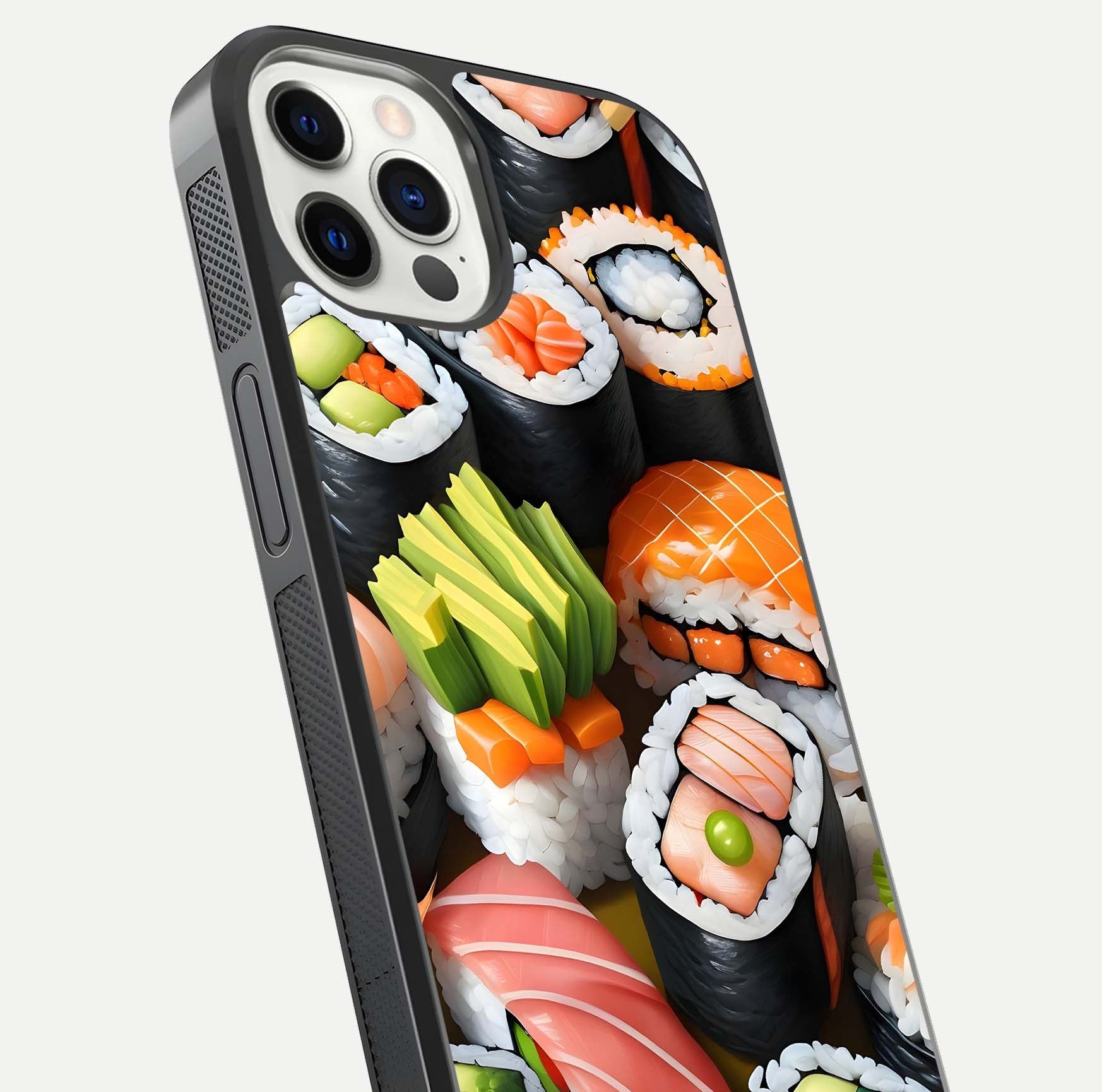 Sushi Food Pattern Glass Case for iPhone 12 Pro close-up angled shot highlighting colorful sushi prints and reflection