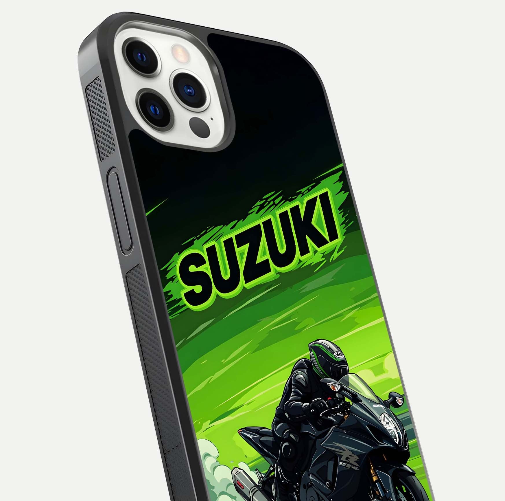 Suzuki Speed Beast Glass Case for iPhone 12 Pro close-up angled shot highlighting bold tones and reflection