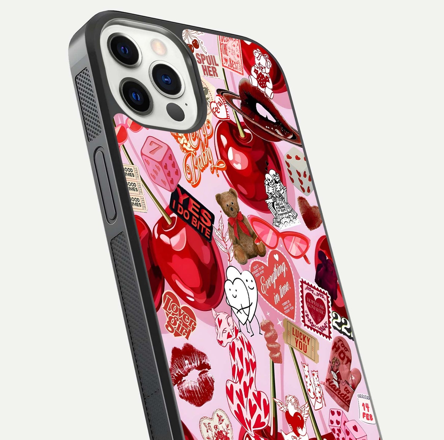Sweet Cherry Chaos Glass Case for iPhone 12 Pro close-up angled shot highlighting red tone contrast and reflection