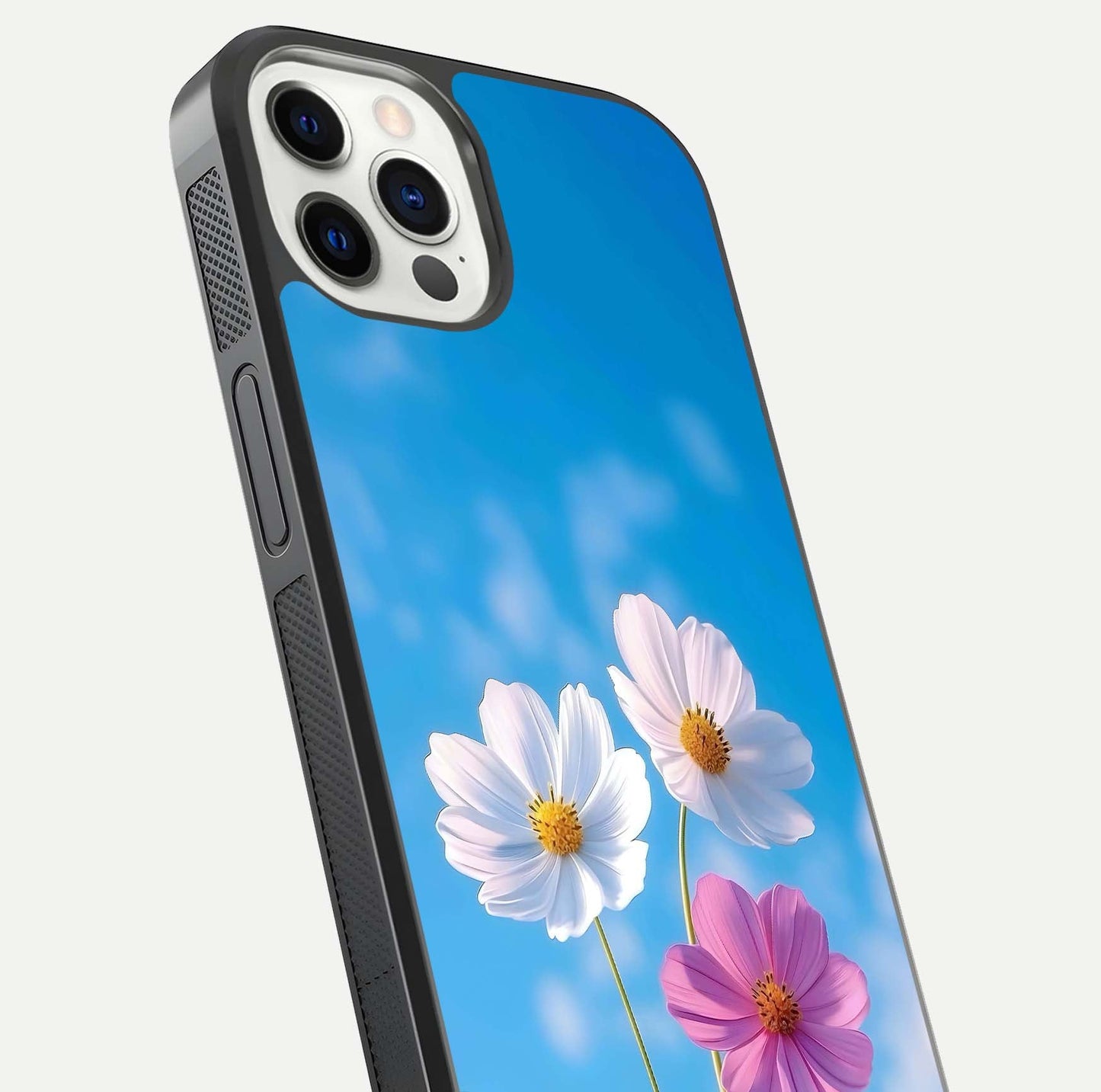 Triple Flowers With Sky Glass Case for iPhone 12 Pro close-up angled shot highlighting petal and reflection details