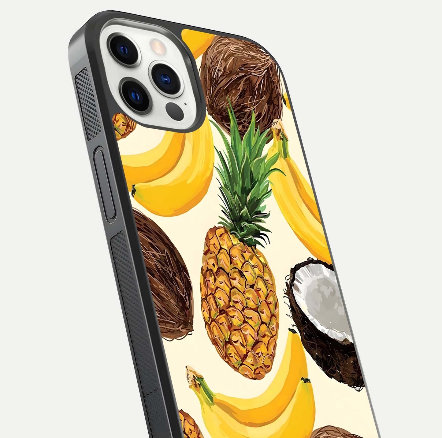 Tropical Fruit Mood Glass Case for iPhone 12 Pro close-up angled shot highlighting fruit texture and reflection