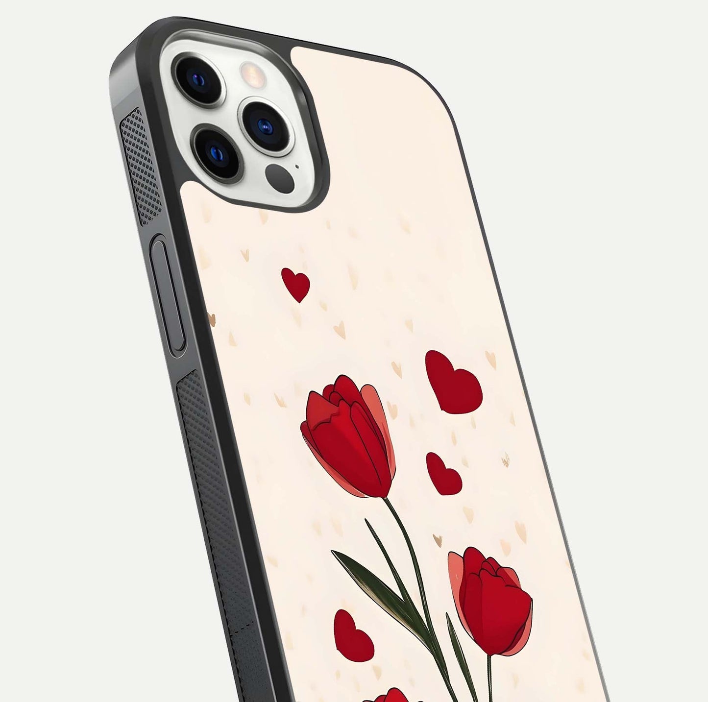 Tulip With Heart Glass Case for iPhone 12 Pro close-up angled shot highlighting petal details and reflection
