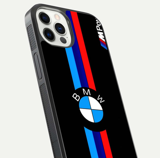 Turbo BMW Beast Glass Case for iPhone 12 Pro close-up angled shot highlighting car detailing and reflection