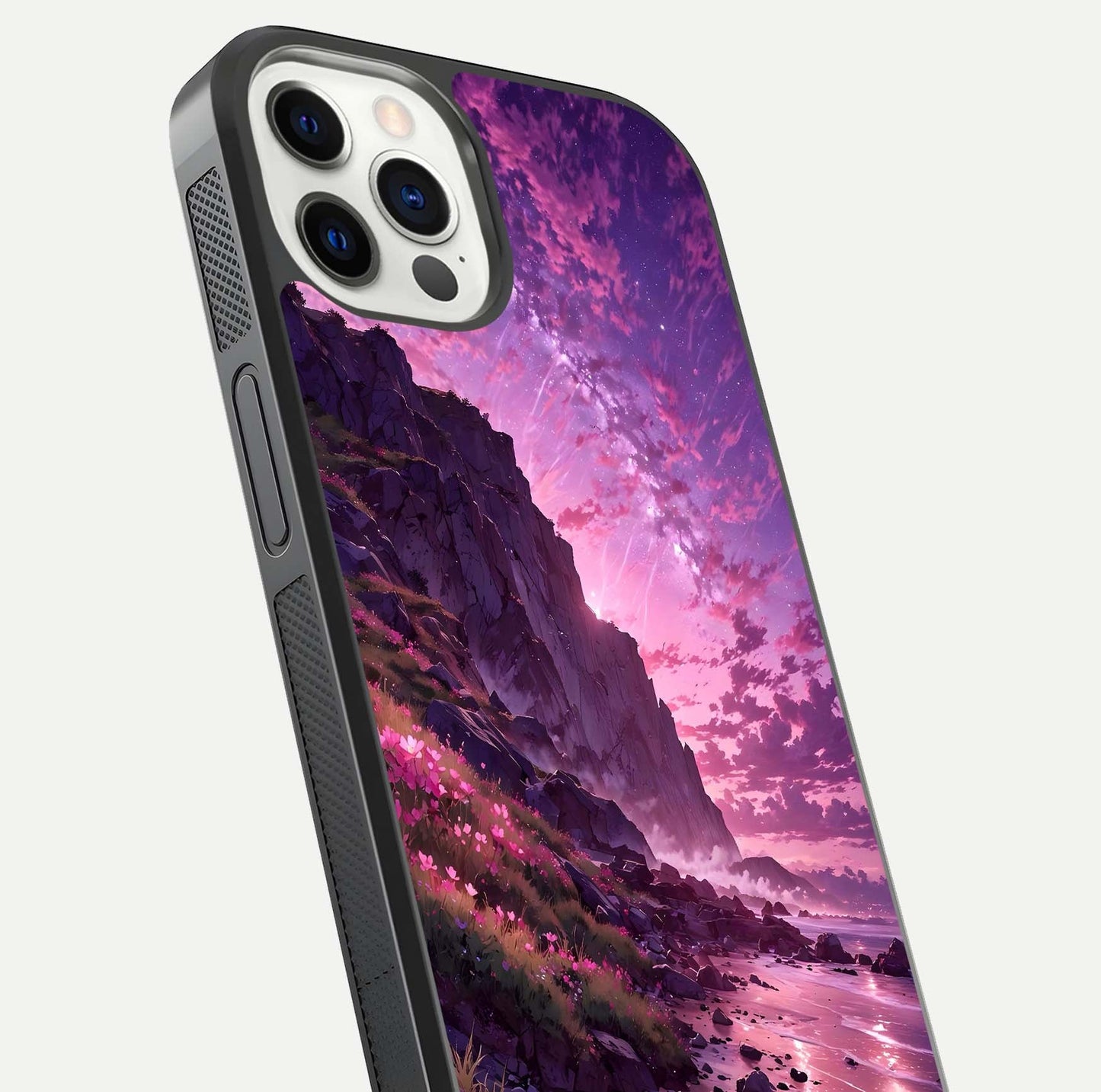Twilight Blossom Coast Glass Case for iPhone 12 Pro close-up angled shot highlighting gradient sky and reflection