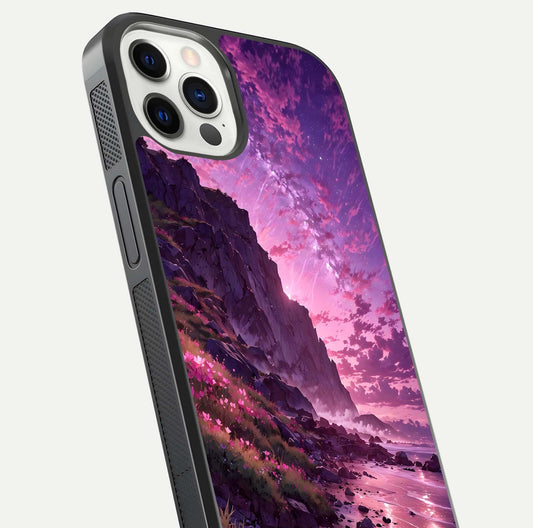 Twilight Blossom Coast Glass Case for iPhone 12 Pro close-up angled shot highlighting gradient sky and reflection