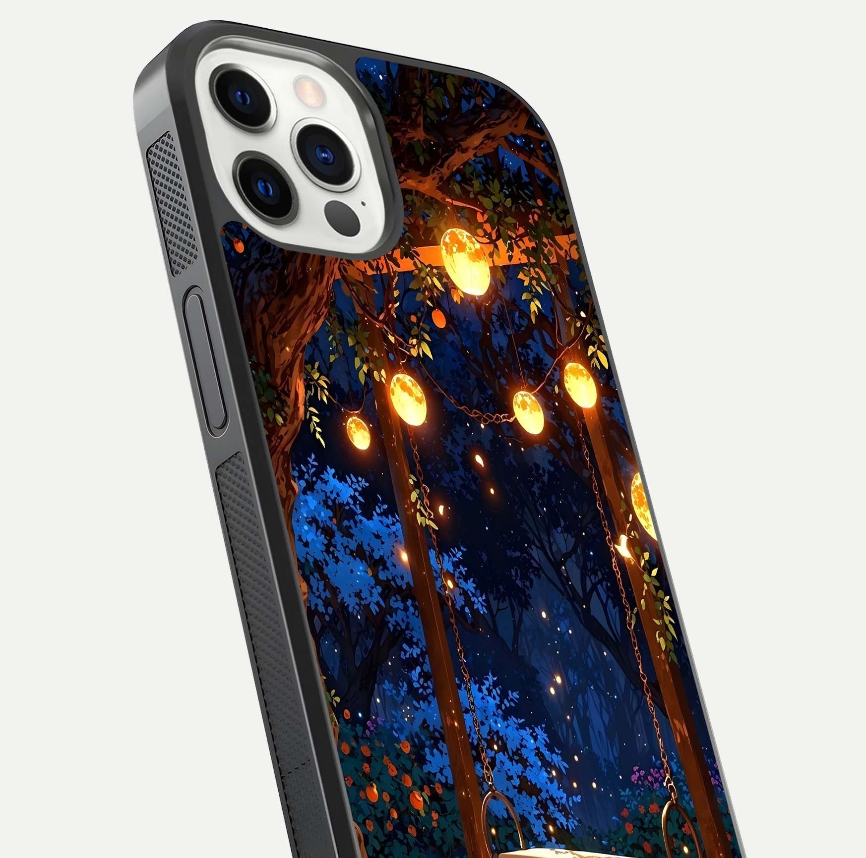 Twilight Garden Swing Glass Case for iPhone 12 Pro close-up angled shot highlighting floral tones and reflection