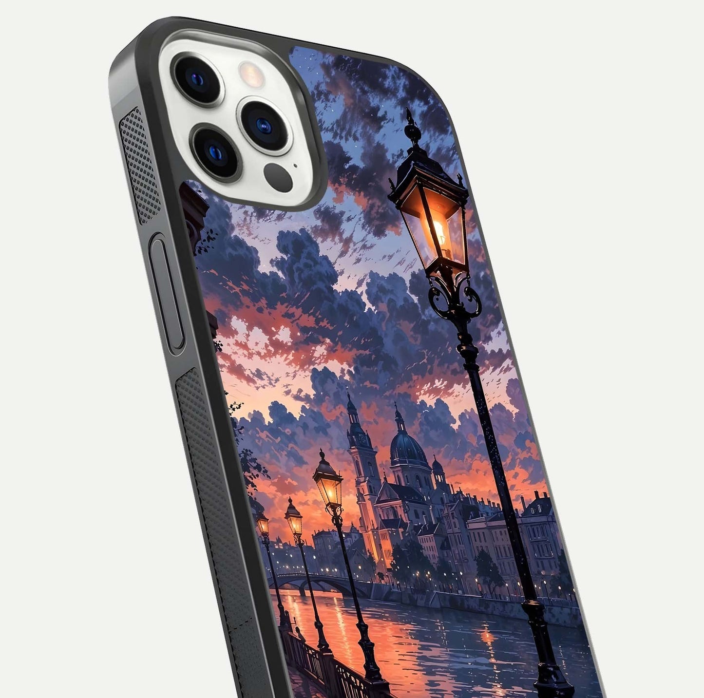 Twilight River Lights Glass Case for iPhone 12 Pro close-up angled shot highlighting river reflections and color tones